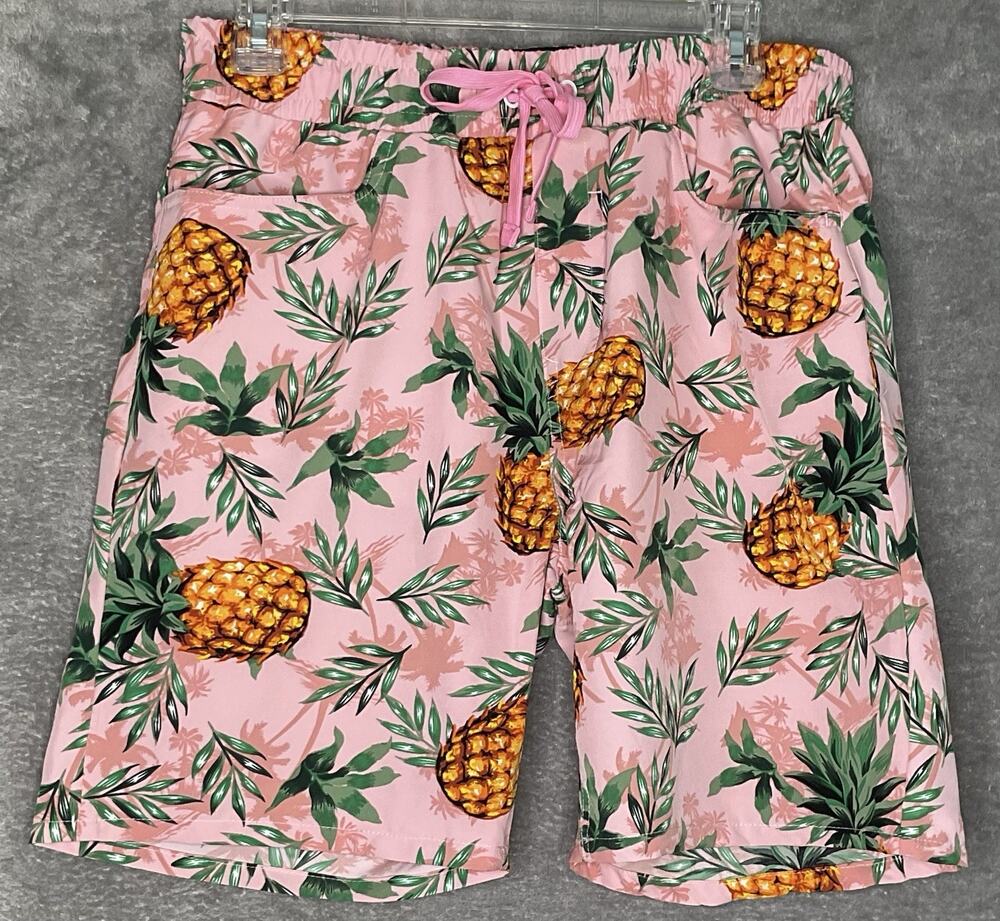 Good Vibes Mens Large Pink Pineapple Swim Trunks Tropical Pockets Stretch